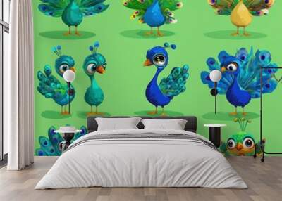 A colorful collection of cartoon peacocks in various poses and styles. Wall mural