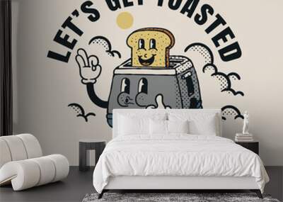 illustration of toaster and bread character cartoon in vintage style Wall mural