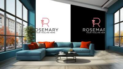 letter R and floral initials logo design in luxury line style Wall mural