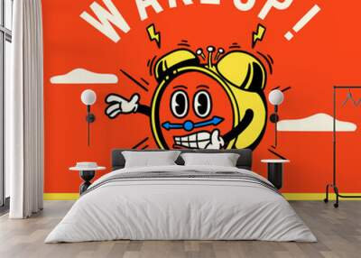 vintage style ringing alarm clock character cartoon illustration Wall mural