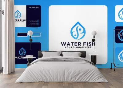 water drop with negative space fish logo, icon and business card design Wall mural