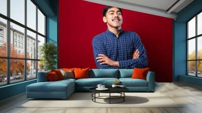 Young handsome man wearing casual shirt over red background happy face smiling with crossed arms looking at the camera Wall mural