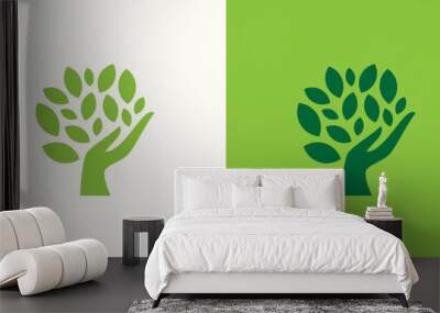 hand tree logo vector illustration, care plant logo template Wall mural