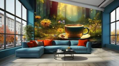 A sage-cream colored forest, flowers surrounding a cup of coffee, and trees with dark amber lighting Wall mural