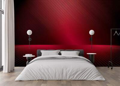 Abstract light pattern in red and black with a gradient and floor, wall, and metal texture. Soft tech diagonal background in black, dark, sleek, and modern. Wall mural