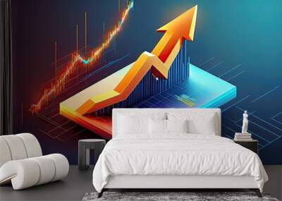 An upward arrow on an isometric 3D chart indicates a bullish stock market trend Wall mural