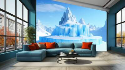 Cold mountain 3D ice podium background snow winter product platform. Background cosmetic sky floor blue scene landscape frozen white cold stand pedestal minimal rock glacier nature Podium ice show. Wall mural