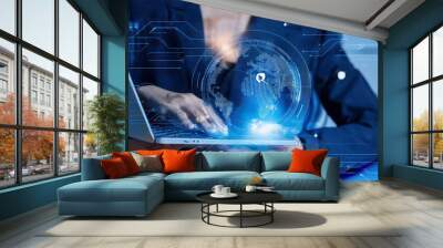 Digital system service, internet technology, worldwide network, software engineer utilizing laptop computer for customer assistance, and technical support customer service concept Wall mural