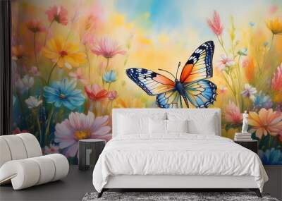 Soft, vivid, layered pastel painting with a butterfly amidst beautiful wildflowers, pastel painting method, pastel texture, light mixing, and detailed details Wall mural