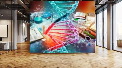 A conceptual art piece of a DNA helix with a colorful scientific environment suggests the dynamic field of genetic research. The intertwining of science and art here showcases the creativity of modern Wall mural