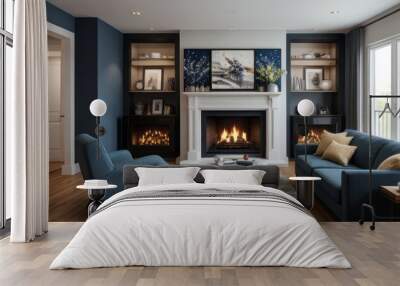 Modern professional photograph of a navy blue and silver luxury living room interior with floor-to-ceiling windows and a cozy fireplace Wall mural