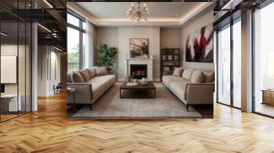 Sophisticated professional photograph of a burgundy and rose gold luxury living room interior with abstract art and indoor palm trees Wall mural