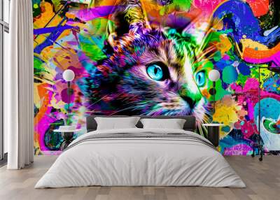 abstract colorful cat muzzle illustration, graphic design concept color art Wall mural