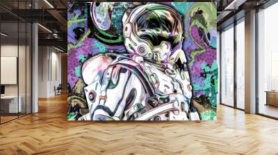 Astronaut on the background of abstract space drawing Wall mural