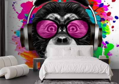 Colorful artistic monkey in eyeglasses with colorful paint splatters on white background. Wall mural