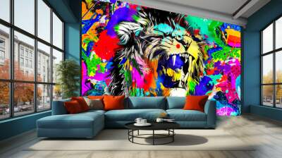 lion head with creative abstract elements on colorful background Wall mural