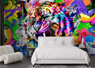 tiger head with creative abstract elements on colorful background Wall mural