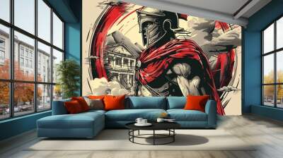 A man in a red and gold costume with a sword and shield Wall mural