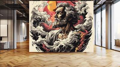 A man with a beard and white shirt is in the middle of a wave Wall mural