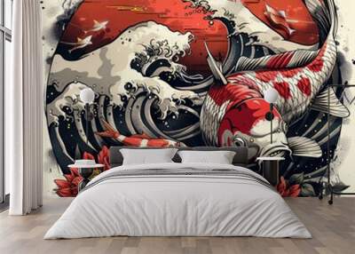 A painting of a koi fish swimming in a body of water with a sunset in the backgr Wall mural