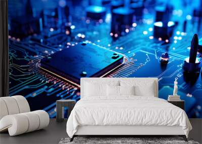 Circuit board. Technology background. Central Computer Processor CPU Concept. Motherboard digital chip, blue neon Wall mural