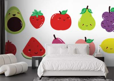 Set of fruit illustration. Cute fruit illustration. Cute orange, avocado, strawberry, apple, watermelon, peach, etc. Wall mural