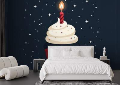 Cupcake birthday card template featuring a lit candle and starry background Wall mural