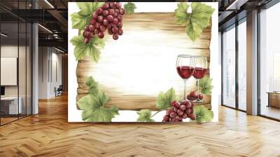 Empty wooden sign adorned with grapevines and two wine glasses Wall mural