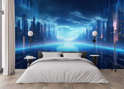 Futuristic cityscape with neon lights and digital elements, depicting a cyberpunk metropolis at night. Wall mural