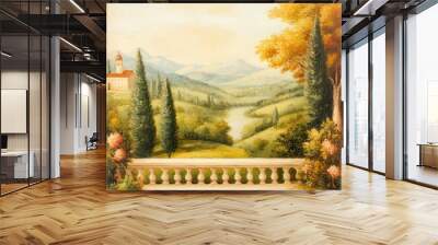 Renaissance landscape with a serene river and distant mountains under a clear sky Wall mural