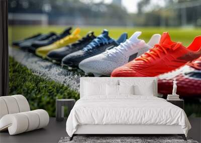 Row of Soccer Shoes on Field Wall mural