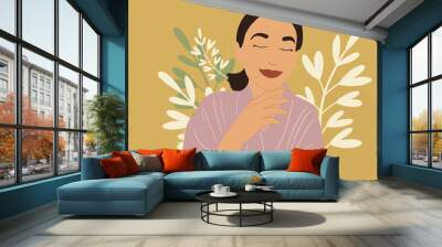 A portrait of a calm and relaxed woman in bathrobe and plant leaf on background. SPA and wellness routine. Vector Illustration. Wall mural