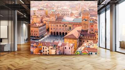 Aerial cityscape view from the tower on Bologna old town center with Maggiore square in Italy Wall mural