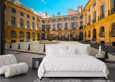 Albertas square with beautiful old fountain in Aix-en-Provence old town in France. French architecture in Provence Wall mural