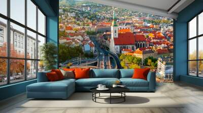 Bratislava aerial cityscape view on the old town with Saint Martin's cathedral from the modern bridge in Slovakia Wall mural