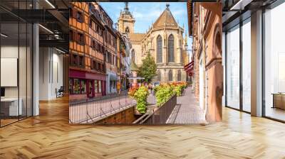 Cityscaspe view on the old town with saint Martin cathedral in Colmar, famous french town in Alsace region Wall mural