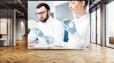 Couple of medics in uniform making bacteriological tests sitting in the modern laboratory Wall mural