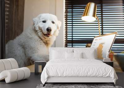 Cute white dog sitting at workplace, working on some charts on a laptop in home office Wall mural