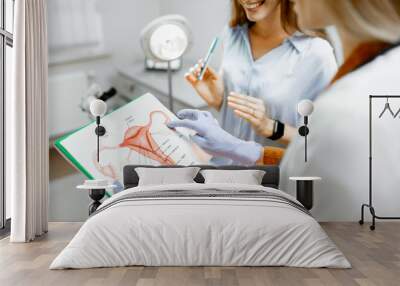 Gynecologist showing a picture with uterus to a young woman patient, explaining the features of women's health during a medical consultation in the office Wall mural