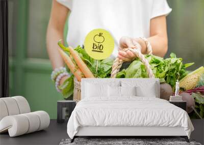 Holding bag full of fresh organic vegetables with green sticker from the local market on the green background Wall mural