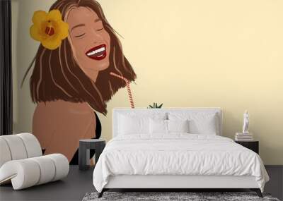 illustration of a beautiful smiling woman with hair flower and exotic cocktail on the yellow backgro Wall mural