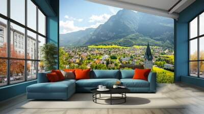 Landscape view on Balzers village with saint Nicholas church in Liechtenstein Wall mural