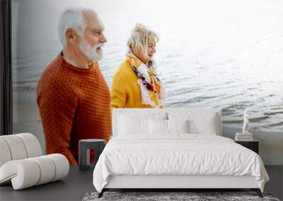 Lovely senior couple dressed in colorful sweaters walking on the sandy beach, enjoying free time during retirement near the sea Wall mural