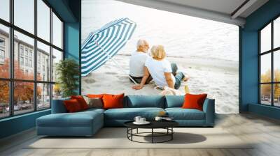 Lovely senior couple relaxing, sitting together with sun umbrella on the sandy beach, enjoying their retirement near the sea, rear view Wall mural