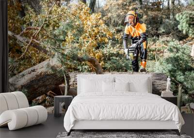 Lumberman in protective workwear sawing tree trunk in the forest. Concept of a professional logging Wall mural