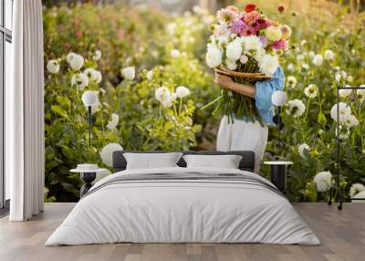 Portrait of a woman with lots of freshly picked up colorful dahlias and lush amaranth flower on rural farm during sunset Wall mural