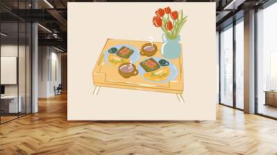 Romantic breakfast in bed for two persons with coffee, eggs, toasts and flowers on wooden tray. Vector illustration Wall mural