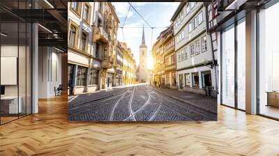 Street view with church tower at the old town of Erfurt city in Germany Wall mural