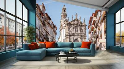 Street view with Clerics church during the sunny day in Porto city, Portugal Wall mural