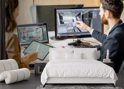 Two creative office employees making interior design on the computer and digital tablet at the modern office of architectural firm. Concept of 3d modeling and digital Interior designing Wall mural